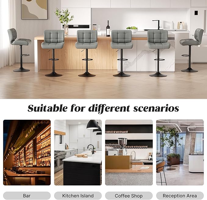 Modern Bar Stools Set of 5, Faux Leather Upholstered Swivel Bar Stools, Adjustable Counter Height Bar Chairs with High Back and Footrest for Kitchen Island (Dark Grey)