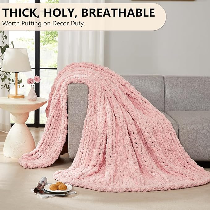 L'AGRATY Chunky Knit Blanket Throw: 72''x84'' Chenille Chunky Knitted Throw Blanket for Bed Couch - Handmade Thick Big Cable Knit Blanket - Large Chunky Crochet Rope Blanket for Home Decor(Pink)