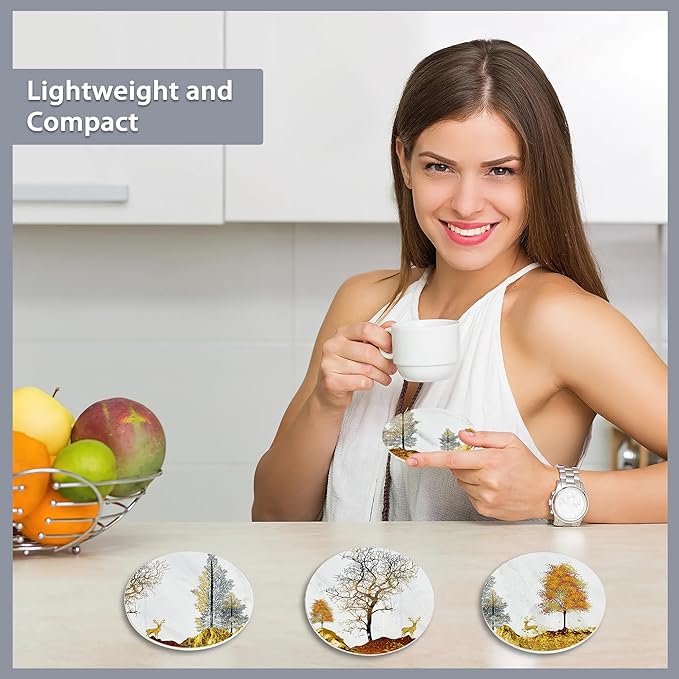 Drink Coasters Set of 6 with Holder,Golden Deer Forest Mountain Absorbent Ceramic Coasters with Cork Base,Fit All Cups,Tabletop Protection Mat for Mugs and Cups,Office,Kitchen