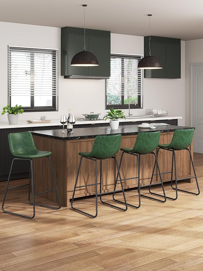 Bar Stools Set of 2, 26 Inches Counter Height Bar Stools with Back, Modern Faux Leather Barstools with Metal Legs and Footrest, Bar Chairs for Kitchens Island (Green)