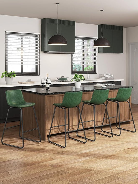 Bar Stools Set of 6, 26 Inches Counter Height Bar Stools with Back, Modern Faux Leather Barstools with Metal Legs and Footrest, Bar Chairs for Kitchens Island (Green)