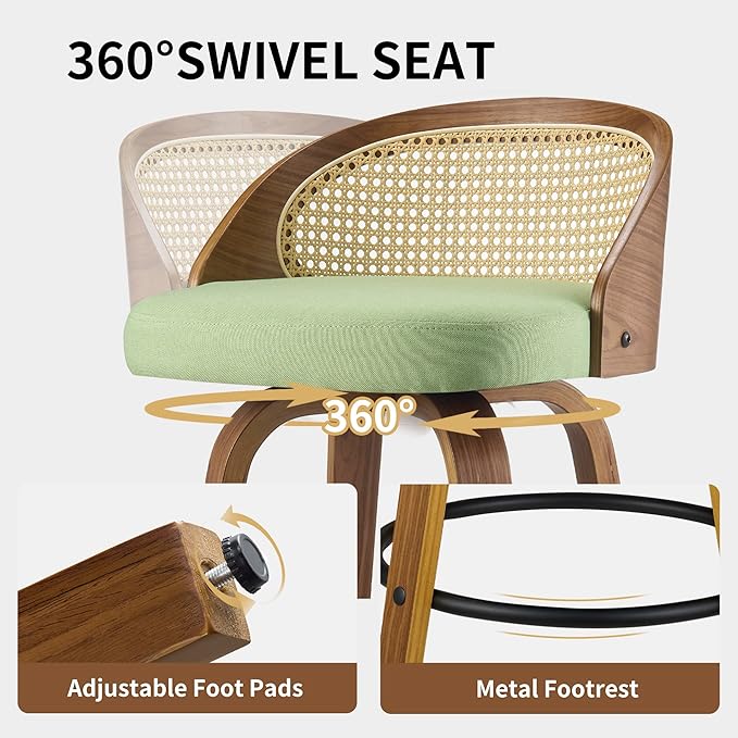 26 inch Swivel Bar Stools with Back, Set of 2 Modern Walnut Bar Chairs, Green Textured Fabric Upholstered Counter Height Stools with Rattan Back for Kitchen Island & Dining Room