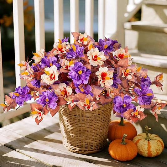Fake Fall Flowers Artificial for Outdoors Decoration, 2PCS Faux Fall Flowers for Outdoor Planters, Autumn Hibiscus UV Resistant No Fade for Home Porch Patio Garden Balcony Yard Indoor Decor
