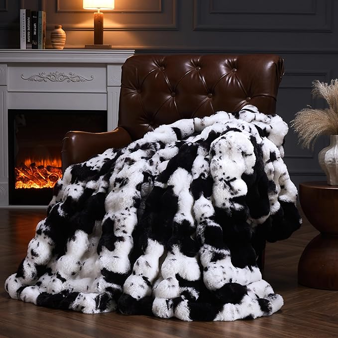 Faux Fur Throw Blanket for Couch, Fluffy Fuzzy Plush Bubble Blanket, Soft Warm Cozy Shaggy Rabbit Blanket, Luxury Decorative Gifts for Sofa Bedroom Living Room, 60x80inch (Cow Print-Black)
