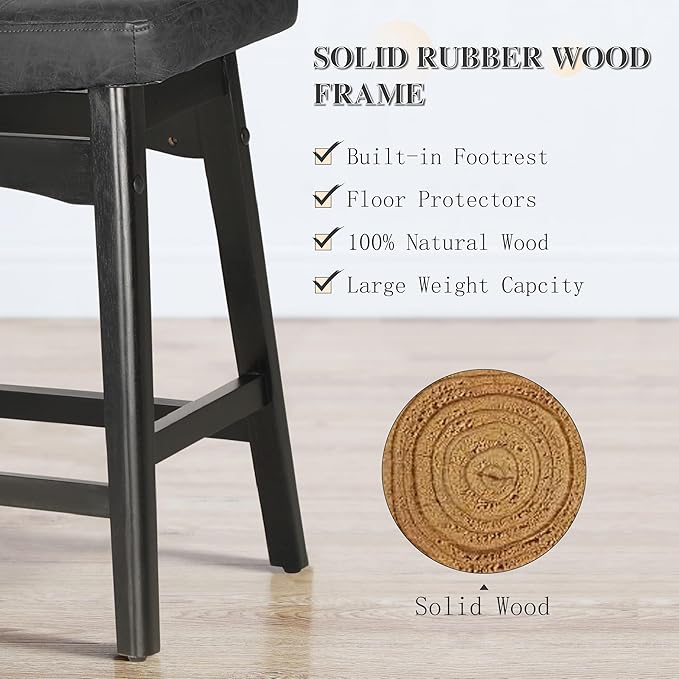 PHI VILLA Counter Height Bar Stools Set of 3 - Farmhouse Barstools with Upholstered Saddle Seat and Solid Wood Legs, Kitchen Counter Island Stools