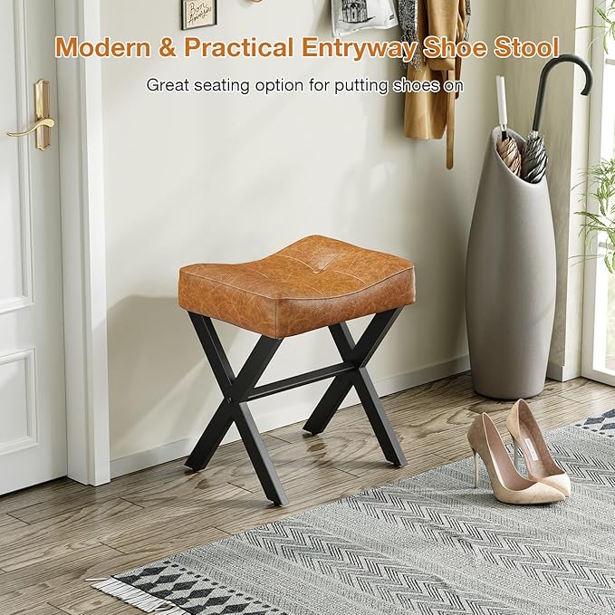 18-Inch Leather Vanity Stool Chair, Vanity Bench with Metal X-Leg, Ottoman Accent Stool with Thick Padded Saddle Seat, Brown