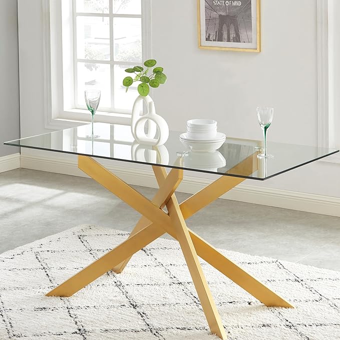 Edwin's Choice 58.5” Rectangle Glass Dining Table, Tempered Glass Table Top and Metal Tubular Legs, Modern Style Table for Home, Kitchen, Dining Room 58.5”Lx29”Wx30”H, Gold