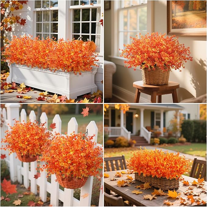 Ouddy Decor 24 Bundles Artificial Fall Flowers for Outdoor Decoration UV Resistant Fake Mums Fall Plastic Flowers Faux Plants for Autumn Indoor Outside Patio Planters Window Home Decor, Orange Yellow