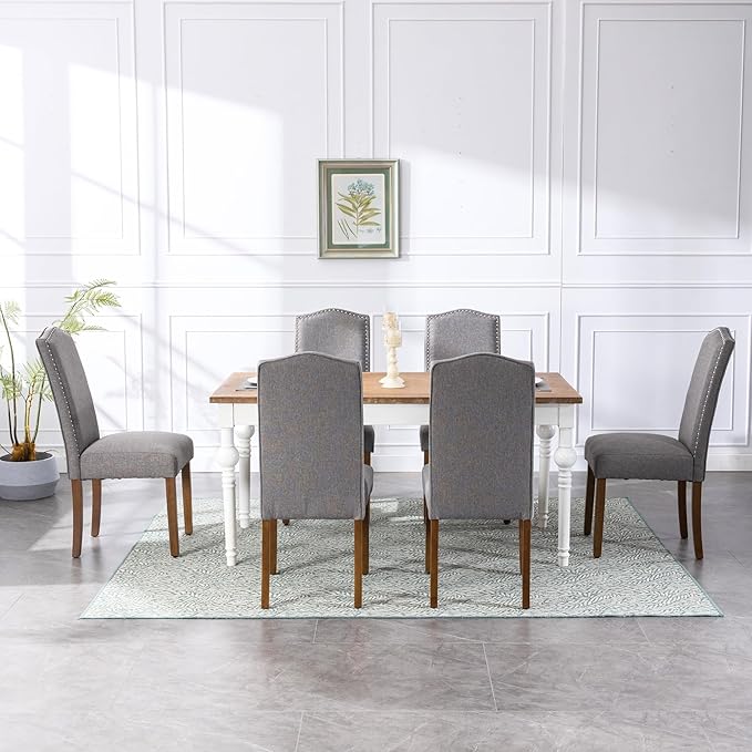 Stylish Upholstered Parsons Dining Chair Kitchen with Silver Nailhead Trim and Sturdy Solid Wood Legs