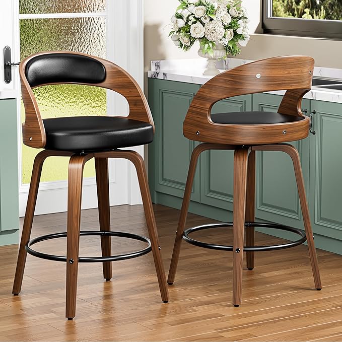 Bar Stools Set of 3, 26" Counter Height Barstools with Bentwood Legs, Swivel Counter Stools with Back, Mid Century Modern Faux Leather Upholstered Bar Chairs for Kitchen Island, Black
