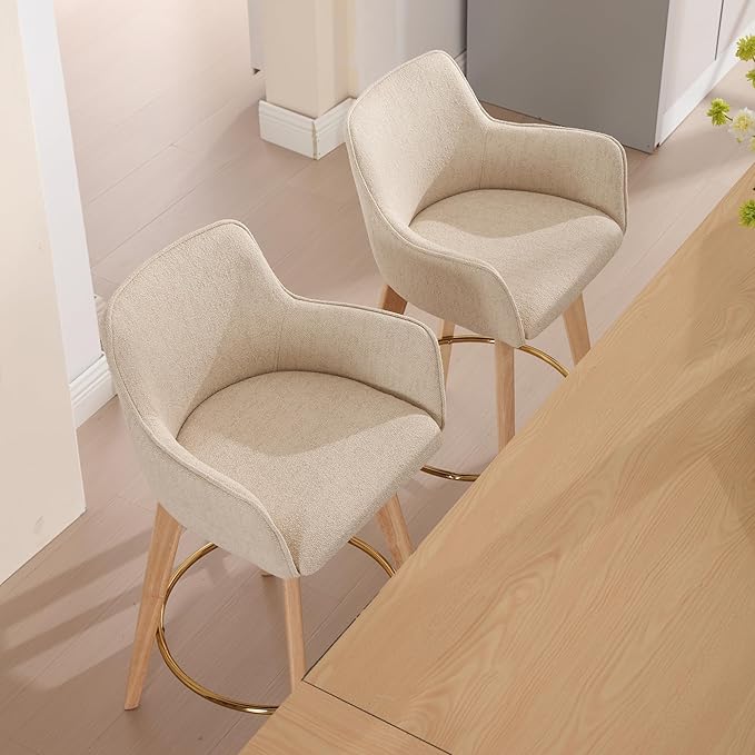 Counter Height Swivel Bar Stools, Linen Upholstered Bar Stools with Back, Arms, Solid Wooden Legs, 26 Inch Chairs for Kitchen Island, Home Pub, Cafe, 2 Pcs, Beige