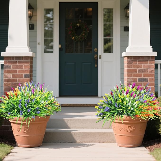 Realistic Artificial Flowers and Plants for Outdoors-24 Bundles Bulk Plastic Flowers, Colorful Faux Lavender Monkey Grass,UV Resistant Fake Plants for Outside,Porch,Window Box,Summer Decor(Mixed)