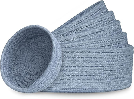 Small Shelf Storage Baskets for Organizing, 6 Pack Round Cotton Rope Bins, Decorative and Cute Woven Baskets for Bedroom and Closet, Key Tray Bowl, Home Decor Countertop Organizer (Blue)