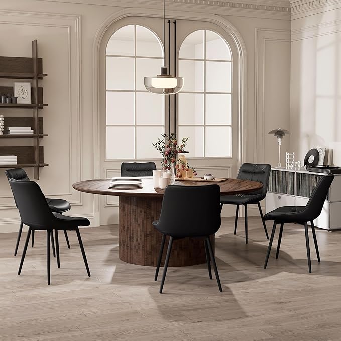 Kidol & Shellder Dining Chairs Set of 2, Modern Upholstered PU Leather Kitchen Side Chairs with Comfortable Back - Mid-Century Armless Chair for Dining Living Room Bedrooms, with Metal Legs (Black)