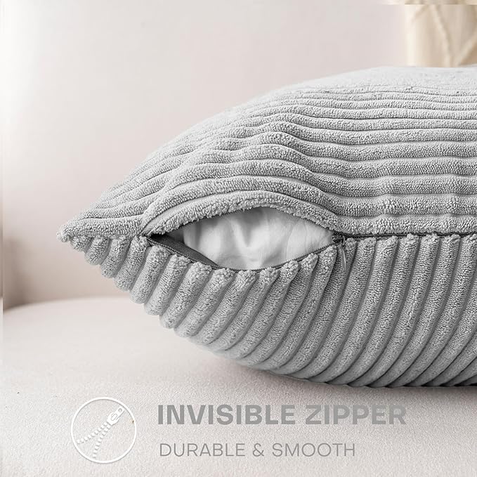 Decorative Throw Pillow Covers 18x18 Inch Set of 2 for Boho Living Room Farmhouse Home Decor, Spring Pillow Covers for Couch Bed, Soft Corduroy Striped Patchwork Cushion Cases, Light Gray