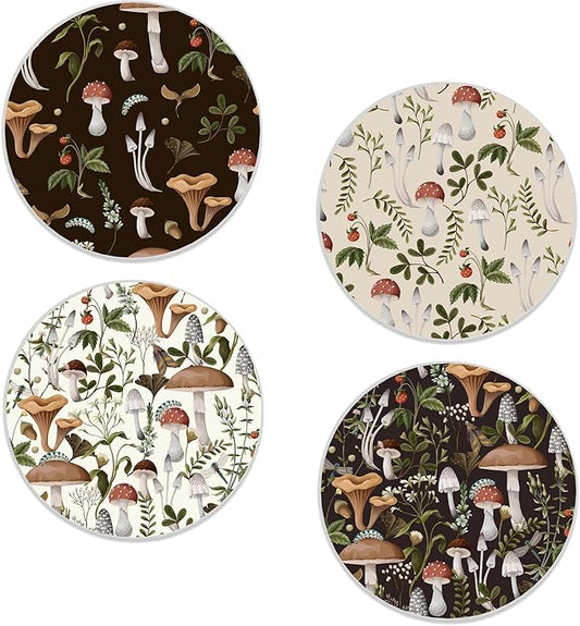 Coasters Set of 4, Mushroom Weeds Round 4" Ceramic & Cork Coasters, Absorbent, Ideal for Table Home Decor, Gifts for Women Men