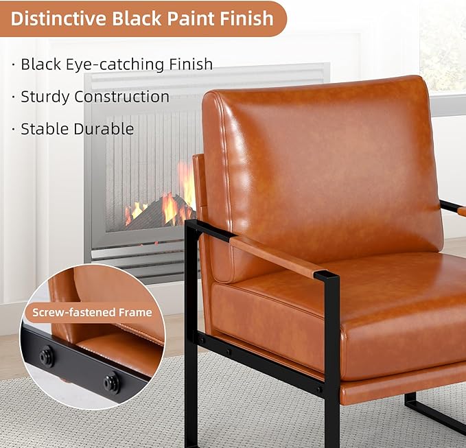 Phoenix Home Mid Century Modern Faux Leather Accent Chair, Metal Framed Armchair with Extra Soft Removable Seat Cushion & Backrest for Living Room Bedroom Waiting Room, Easy to Clean, Brown