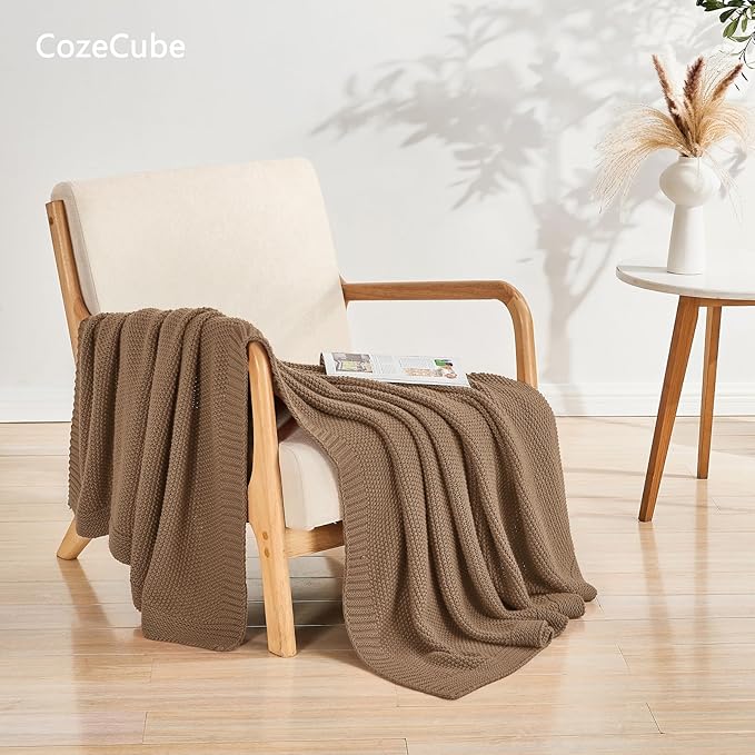 CozeCube Caramel Brown Throw Blanket for Couch, Soft Cozy Cable Knit Throw for Bed Sofa Living Room, Lightweight Warm Decorative Farmhouse Christmas Blanket, 60"x80", Light Brown