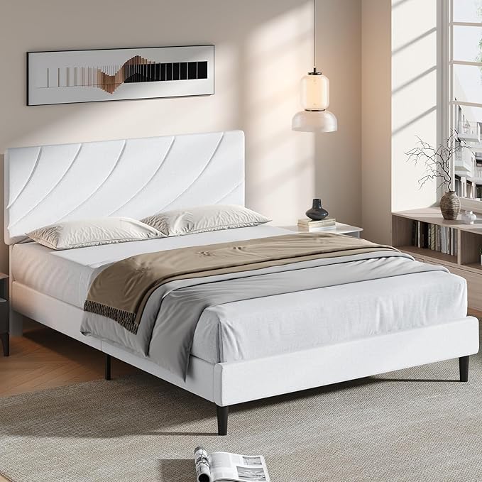 HOMBCK Full Size Bed Frame with Adjustable Headboard, Full Bed Frame with Linen Fabric Upholstered, Strong Wooden Slats, No Box Spring Needed, Noise Free, Easy Assembly, White