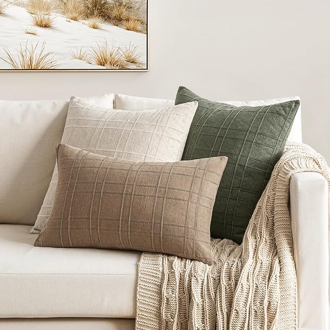 MIULEE Decorative Linen Check Lumar Throw Pillow Covers Neutral Farmhouse Vintage Pillow Covers 12x20 Set of 2 Boho Modern Winter Home Decor for Sofa Couch Bedroom Cushion Light Brown
