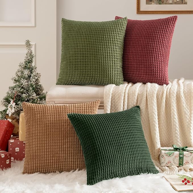 MIULEE Modern Farmhouse Decorative Pillow Covers 18x18 Inch Set of 4 Natural Rustic Throw Pillows Neutral Warm Soft Corduroy Couch Pillowcases Home Decor for Sofa Living Room Bed Christmas Green