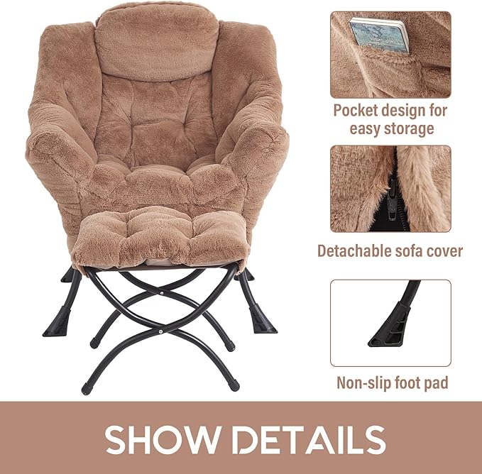 Cozy Lazy Chair and Ottoman, Large Contemporary Accent Lounge Chair Set, Leisure Upholstered Reading Armchair for Bedroom, Living Room, Dorm Rooms, Office