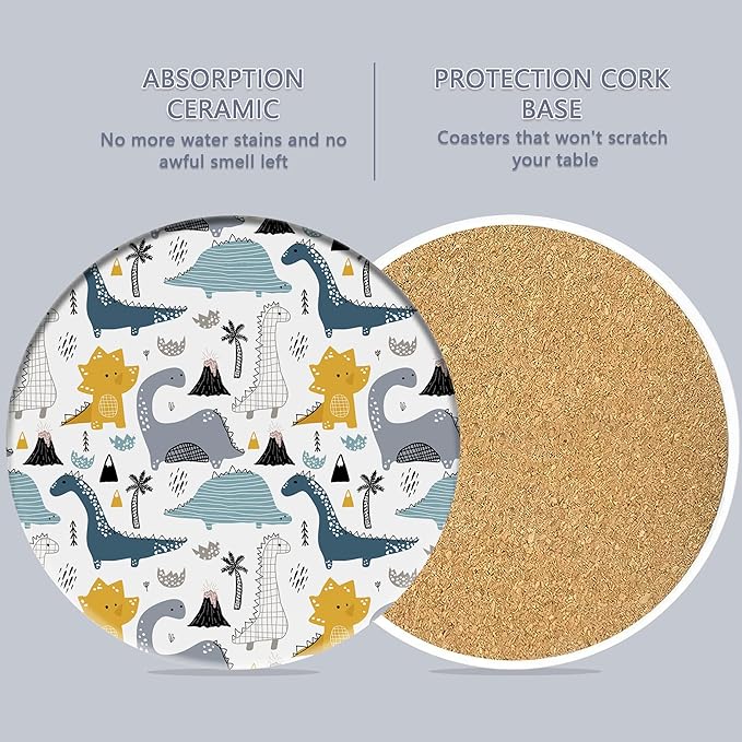 Drink Coasters Set of 6 with Holder, Dinosaur Absorbent Ceramic Drink Coaster for Tabletop Protection,Suitable for Kinds of Cups,Drinks Coasters for Home Office Decoration(4 Inches)