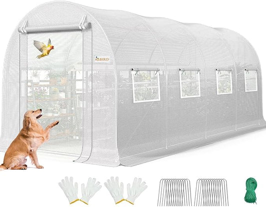 KING BIRD Premium 15x6.6x6.6FT Greenhouse for Outdoors, Large Walk-in Heavy Duty Galvanized Steel Frame, Mesh Door Screen Window Upgraded Zipper Tunnel Hoop for Garden Plant Winter, White