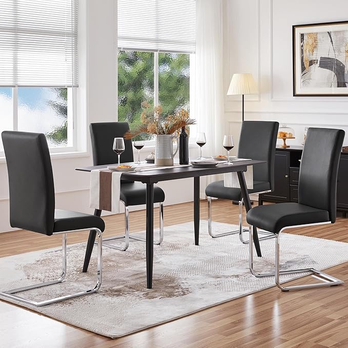 Yaheetech Dining Chairs Set of 6 Modern Faux Leather Upholstered Dining Room Chairs with High Back and Metal Chrome Legs for Kitchen/Living Room/Restaurant, Black