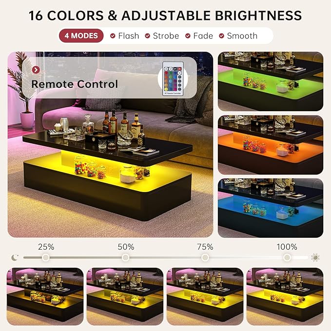 oneinmil Modern LED Coffee Table, 47" Living Room Tables with Double-Layer Design, 16 Colors LED Lights, Stylish Coffee Tables for Living Room, Home, Office, Black