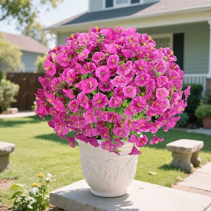 12 Bundles Artificial Flowers for Outdoors Decorations, Fake Flowers Artificial Plants Outdoor, Colorful Faux Morning Glory Realistic UV Resistant for Garden Patio Porch Home Decor (Rosered)