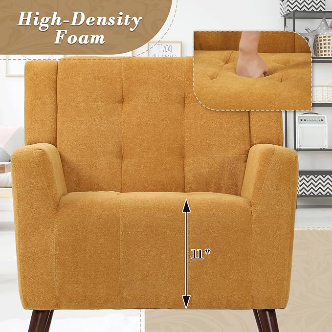 Athena Collection Wingback Accent Chair for Living Room, Comfy Linen Fabric Upholstered Reading Chair for Adults, Single Sofa Armchair for Bedroom, Dorm, Balcony, Yellow