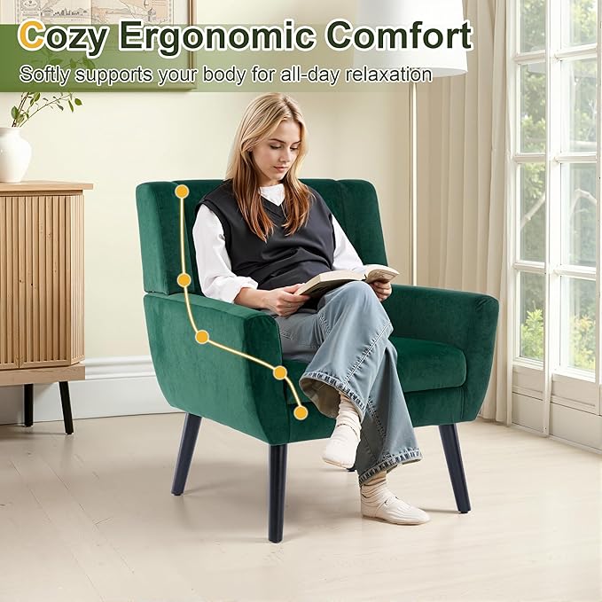 NicBex Accent Chair Set of 2, Modern Chair for Living Room Upholstered Foam Filled Living Room Chairs with Metal Legs Velvet Cozy Lounge Armchair for Living Room Bedroom,Retro Green