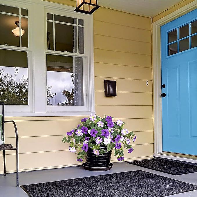 Artificial Hanging Fake Flowers with Basket Plants for Outdoor Decoration, Faux Silk Flower UV Resistant Morning Glory for Home Porch Patio Garden Balcony Yard Look Real (Purple White)