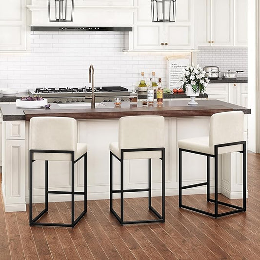 PHI VILLA Leather Bar Stools Set of 3, Modern Counter Height Bar Stool Kitchen Counter Chairs, 24 Inch Barstools with Back