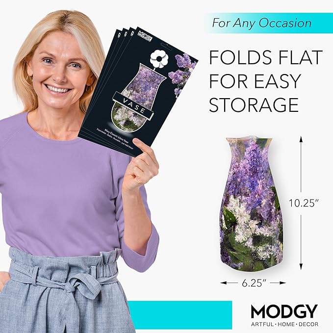 MODGY Expandable Flower Vase Set, Plastic Decorative Modern Foldable Printed Vases for Centerpieces for Wedding, Dining Table, Home Decor, Living Room, Bathroom, Office, Mary Cassatt Lilacs, 4 Pack