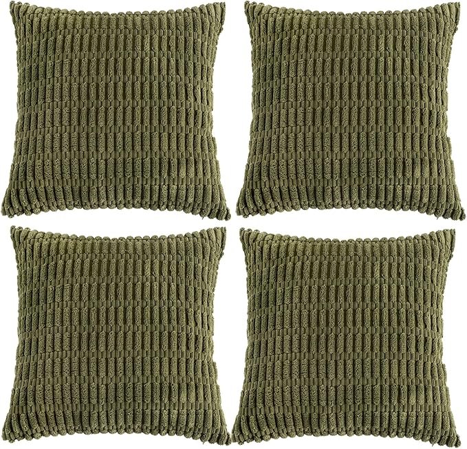 Fancy Homi 4 Packs Boho Moss Green Decorative Throw Pillow Covers 16x16 Inch for Couch Bed Sofa, Rustic Modern Farmhouse Home Decor, Soft Plush Corduroy Cute Square Cushion Case 40x40 cm