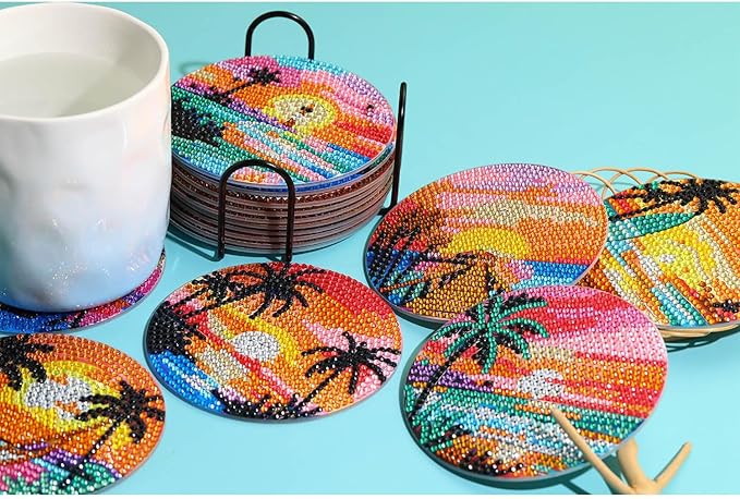 8 PCS Beach Moon Diamond Art Coasters Kits, Diamond Painting Coasters with Holder Set of 8, DIY Drink Coasters Art Crafts Supplies for Adults Cup Mat for Home Decor House Warming Gifts 3.9inch