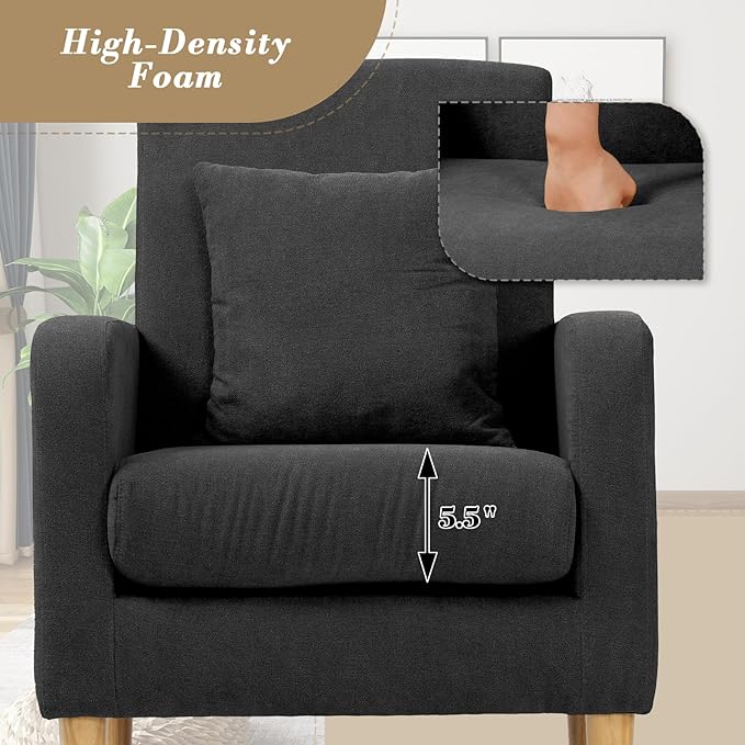 Athena Collection Modern Accent Chair with Cushion, Comfy Upholstered Fabric Reading Chair for Adult, Soft Sofa Armchair for Living Room, Bedroom, Dorm, Black