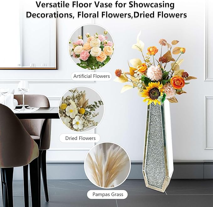 Mirrored Flower Vase Decorative: Crushed Diamond Glass Mirror Vase Large Luxury Bling Crystal Silver Hexagon Shaped Decor for Home Centerpieces, Won't Hold Water