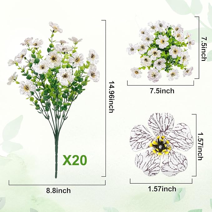20 Bundles Artificial Flowers for Outdoors Decoration Fake Silk Flowers UV Resistant Faux Plants Artificial Daisy Eucalyptus for Spring Summer Garden Yard Porch Window Home Decor, White