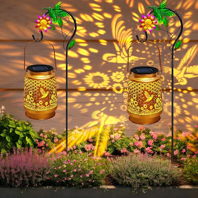 2 Packs Solar Lanterns Outdoor Waterproof with Shepherd Hook,Hummingbird Hanging Solar Lights Garden Decor,Christmas Decorations Birthday Gifts for Women Mom,Metal Bird Decorative for Yard,Patio,Lawn