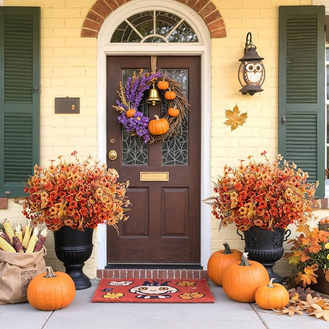 20 Bundles Artificial Fall Flowers for Outdoors Decoration, Fake Mums Silk Daisy Faux Plastic Plants Boston Fern UV Resistant for Autumn Thanksgiving Garden Planters Home Decor, Mixed Orange