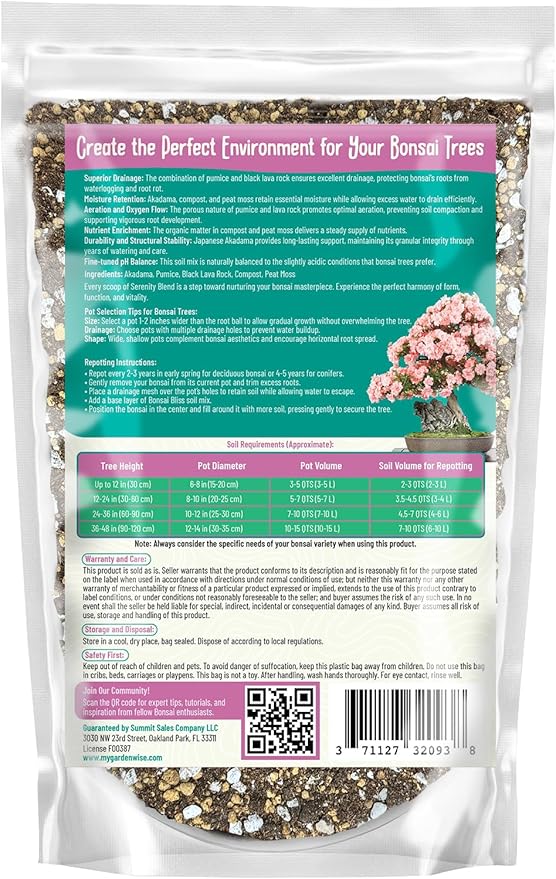 Serenity Blend Bonsai Soil Mix – Moisture-Retentive & Organic for Flowering, Fruiting, and Tropical Bonsai Trees – Handcrafted in The USA with Akadama & Compost (1 Quart)