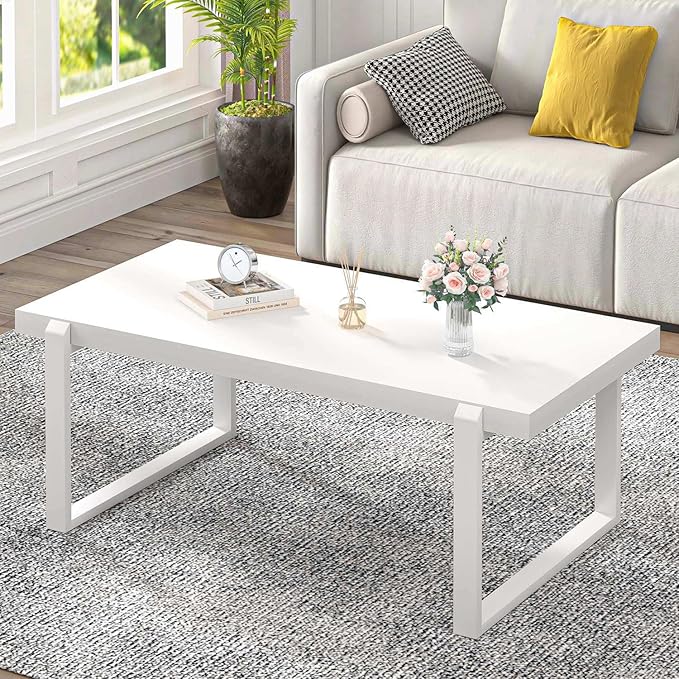EXCEFUR Small Coffee Table, Modern Minimalist Wood and Metal Center Table for Living Room, Rustic Cocktail Tea Table for Office, White Oak, 44 Inch