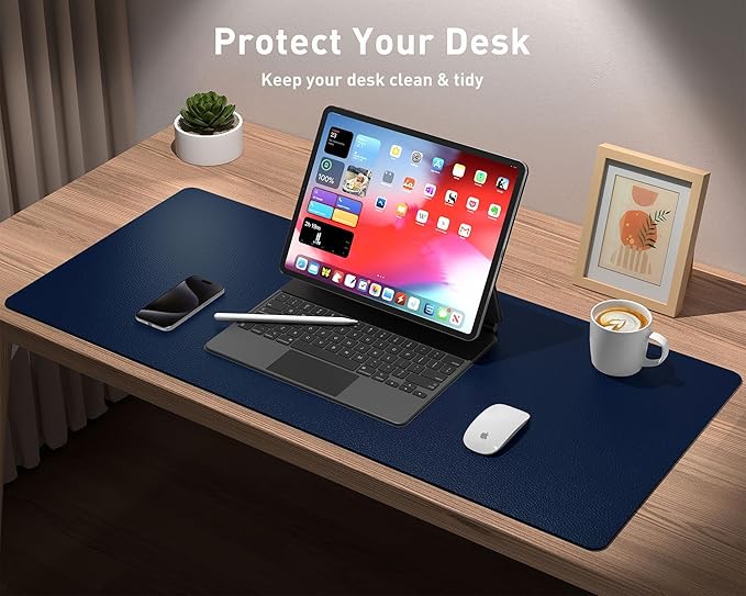 Aothia Leather Desk Pad Protector, Mouse Pad, Office Desk Mat, Non-Slip PU Leather Desk Blotter, Laptop Desk Pad, Waterproof Desk Writing Pad for Office and Home(Dark Blue,31.5" x 15.7")