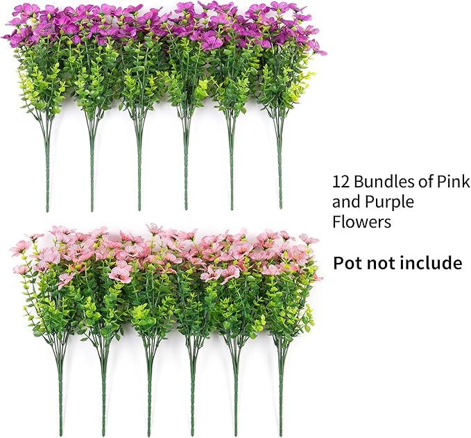 Artificial Fake Plants Flowers for Outdoor Fall Decor, 12 Bundles Faux Silk Mums for Planter Pot Colorful UV Resistant Look Real for Front Door Porch Patio Outside Yard(Purple Pink)