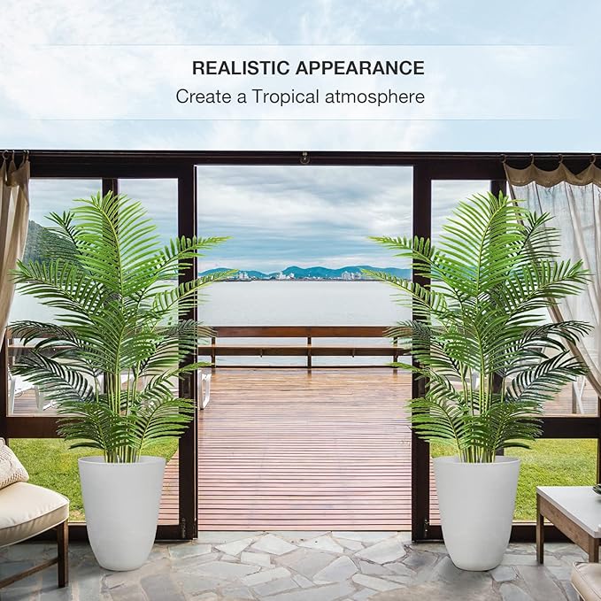 Worth Garden 6ft Artificial Areca Palm Plant 2 Packs in Pot, Fake Cane Palm Silk Tree Indoor Outdoor, Dypsis Lutescens, 70in Lifelike Faux Silk Plant Home Decor, Black Pot & 20g Dried Moss Included