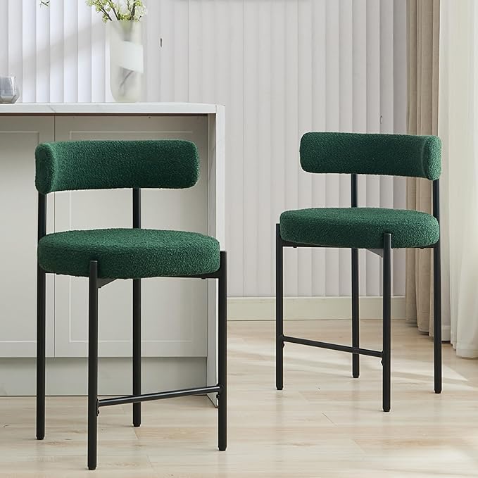24'' Boucle Bar Stools Set of 2, Green Bar Stools with Backs, Counter Height Bar Height Stools for Kitchen Island, Upholstered Bar Chairs