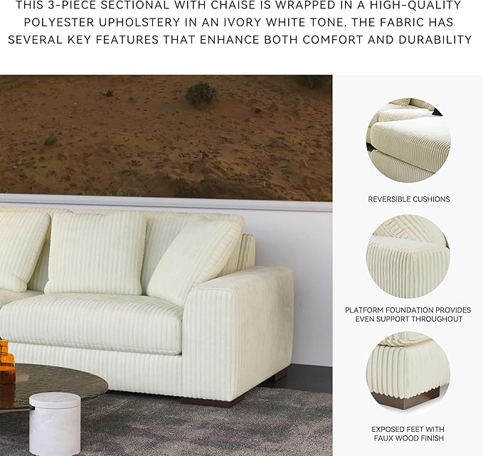 Signature Design by Ashley Lindyn Contemporary L-Shaped 3-Piece Sectional with Chaise for Living Room, White